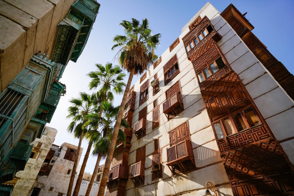 Typical house with wooden lattice windows in Al Balad