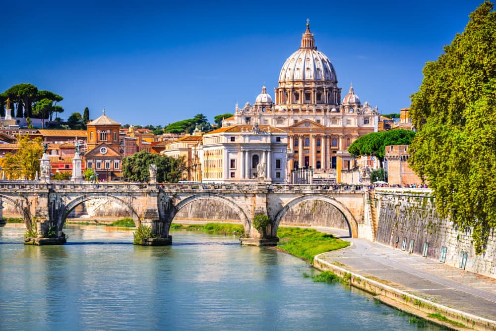 Vatican dome of Saint Peter Basilica and Sant'Angelo Bridge over Tiber river