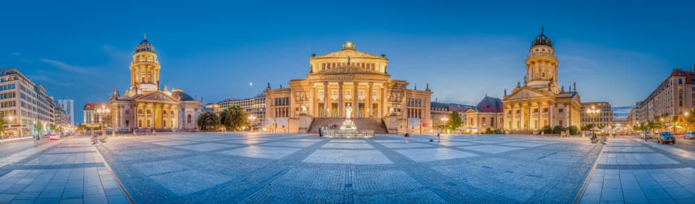 Panoramic view of the famous Gendarmenmarkt with the historic Berlin Concert Hall and the German and French churches