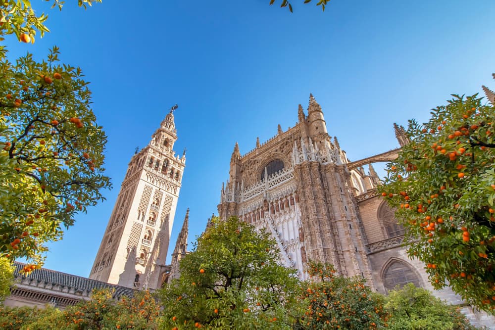 View of Seville Cathedral with Giralda tower